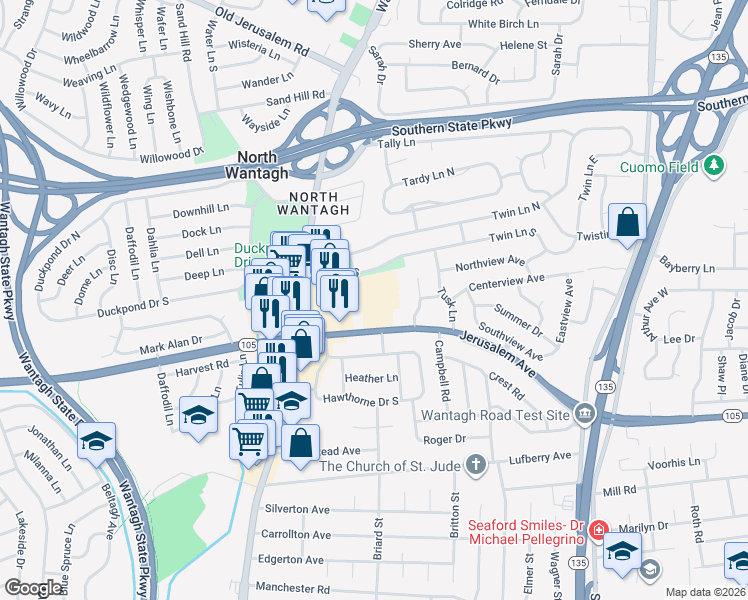 map of restaurants, bars, coffee shops, grocery stores, and more near 63 Cottonwood Court in Wantagh