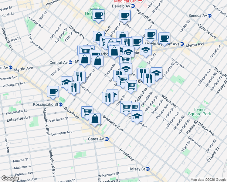 map of restaurants, bars, coffee shops, grocery stores, and more near 93 Bleecker Street in Brooklyn