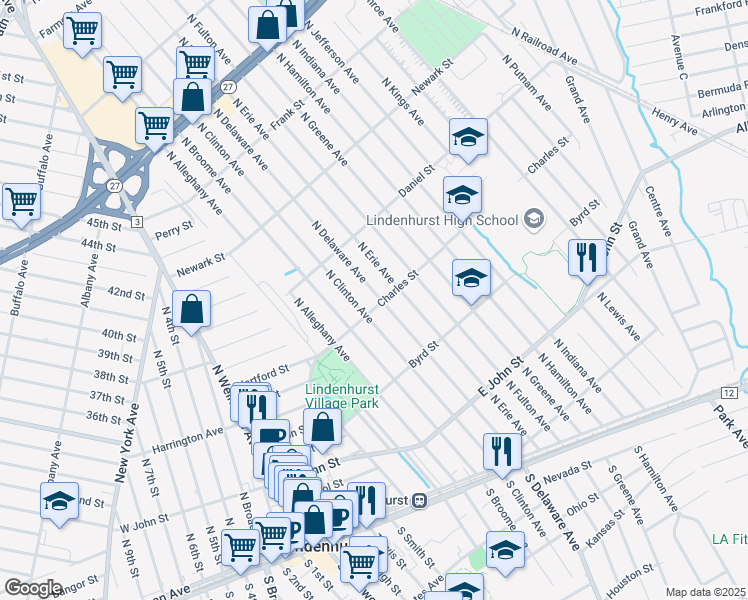 map of restaurants, bars, coffee shops, grocery stores, and more near 405 North Delaware Avenue in Lindenhurst