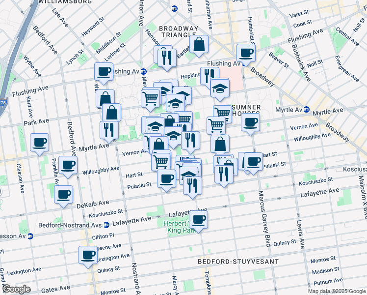map of restaurants, bars, coffee shops, grocery stores, and more near 130 Vernon Avenue in Brooklyn