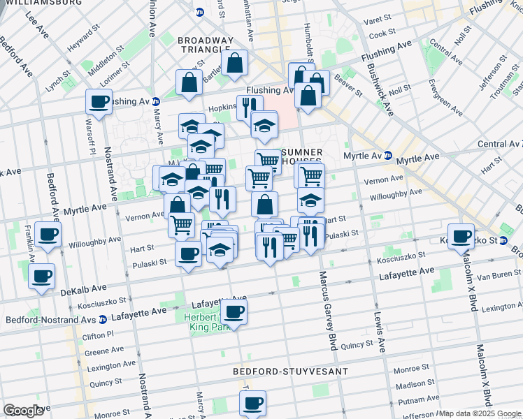 map of restaurants, bars, coffee shops, grocery stores, and more near 198 Vernon Avenue in Brooklyn