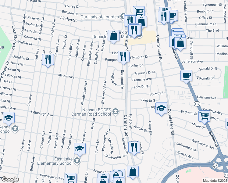 map of restaurants, bars, coffee shops, grocery stores, and more near 11 Rustwood Place in Massapequa Park