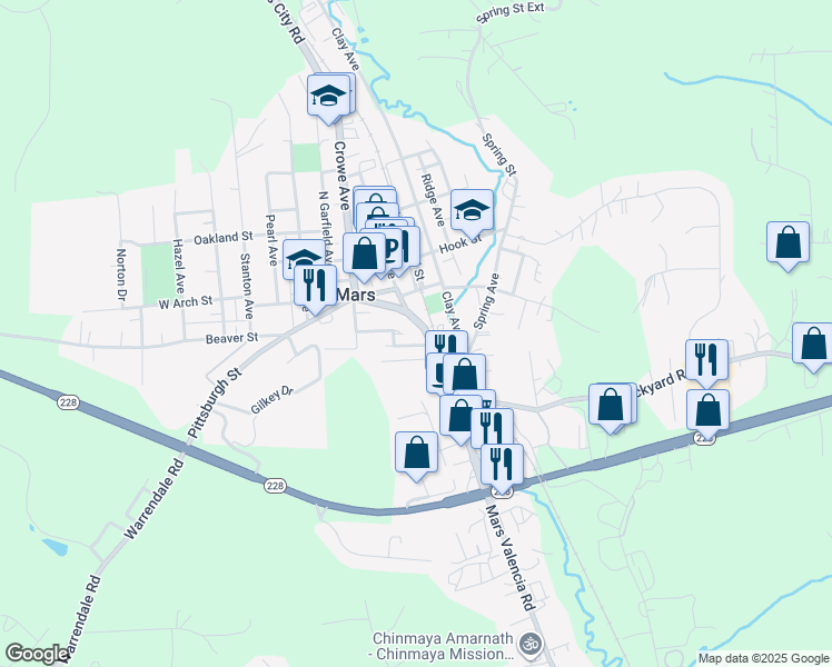map of restaurants, bars, coffee shops, grocery stores, and more near 120 Irvine Street in Mars