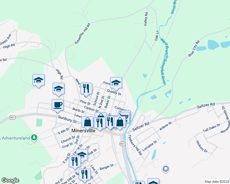 map of restaurants, bars, coffee shops, grocery stores, and more near 600 North Front Street in Minersville