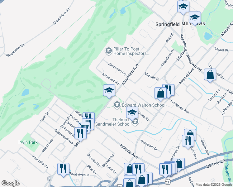 map of restaurants, bars, coffee shops, grocery stores, and more near 549 Mountain Avenue in Springfield