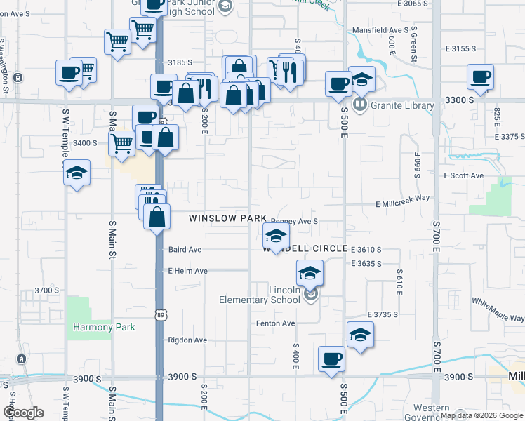 map of restaurants, bars, coffee shops, grocery stores, and more near 3511 South 300 East in South Salt Lake