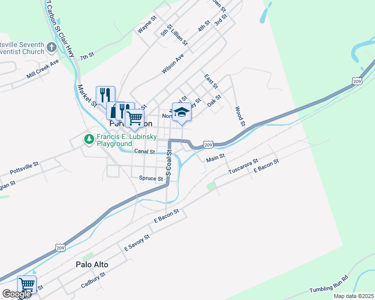 map of restaurants, bars, coffee shops, grocery stores, and more near 33 Mill Street in Port Carbon