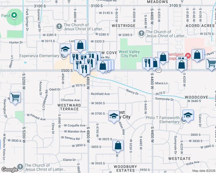 map of restaurants, bars, coffee shops, grocery stores, and more near 4179 Valley Villa Drive in West Valley City