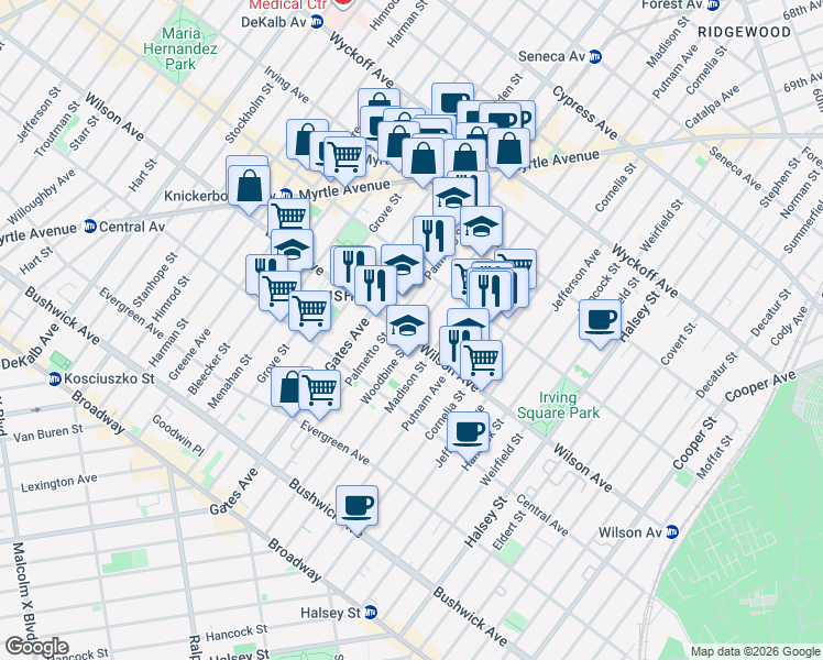 map of restaurants, bars, coffee shops, grocery stores, and more near 223 Woodbine Street in Brooklyn