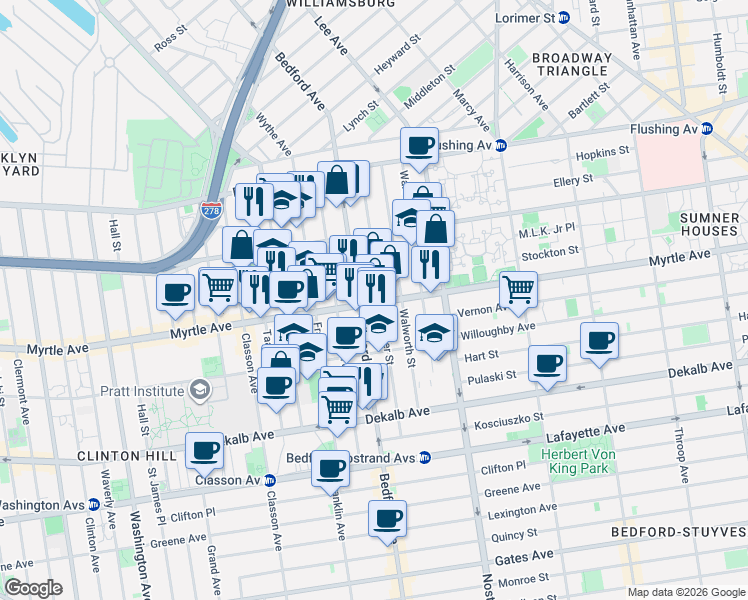 map of restaurants, bars, coffee shops, grocery stores, and more near in Brooklyn