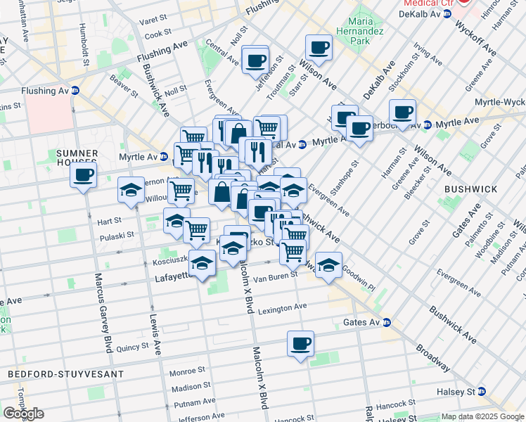 map of restaurants, bars, coffee shops, grocery stores, and more near 16 Lawton Street in Brooklyn