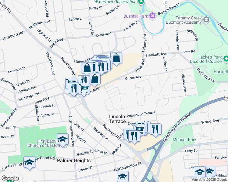 map of restaurants, bars, coffee shops, grocery stores, and more near 25 Lynwood Avenue in Easton