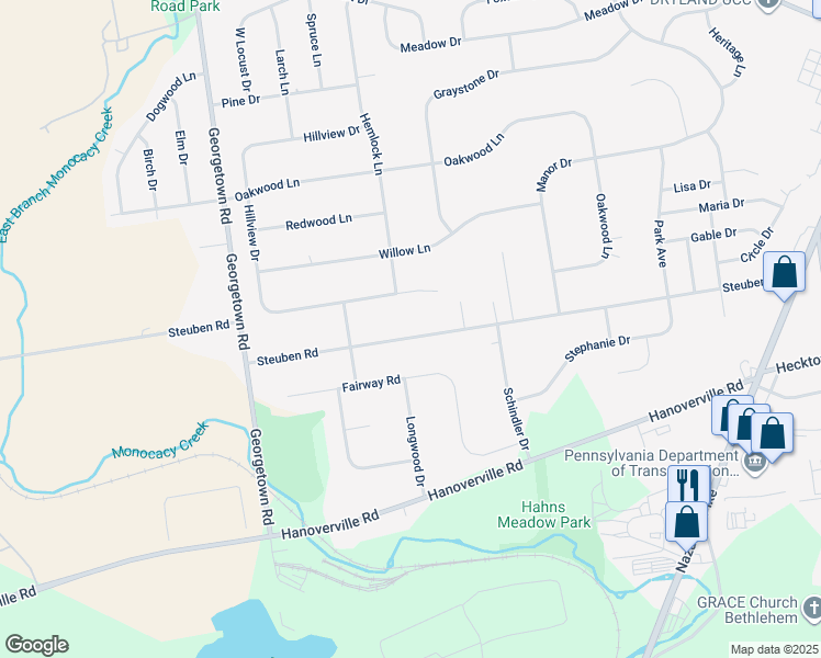 map of restaurants, bars, coffee shops, grocery stores, and more near 4608 Steuben Road in Bethlehem