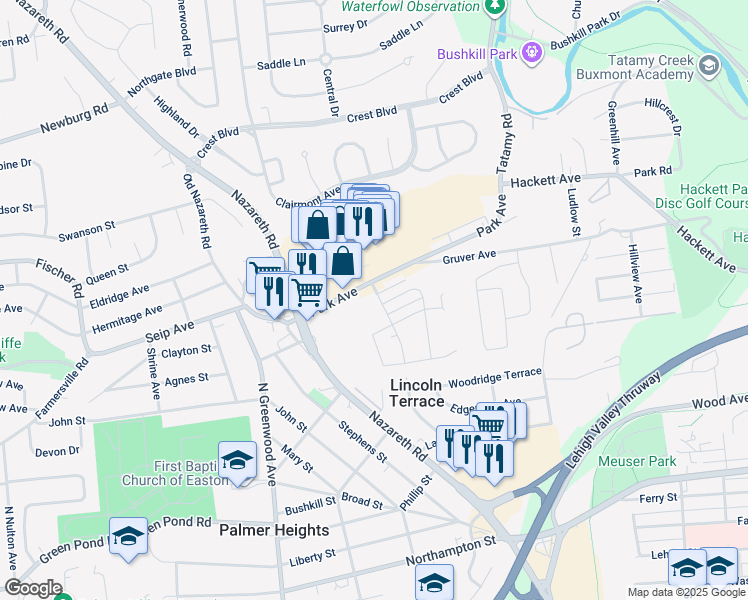 map of restaurants, bars, coffee shops, grocery stores, and more near 2920 Woodlawn Avenue in Easton