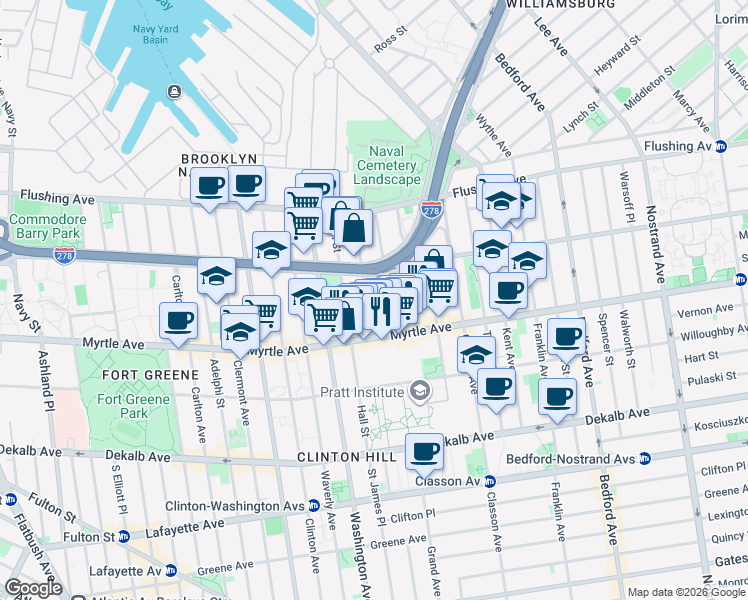 map of restaurants, bars, coffee shops, grocery stores, and more near 97 Ryerson Street in Brooklyn
