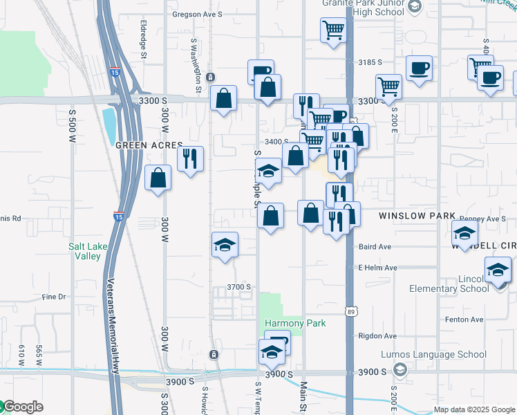map of restaurants, bars, coffee shops, grocery stores, and more near 3495 SouthWest Temple in South Salt Lake