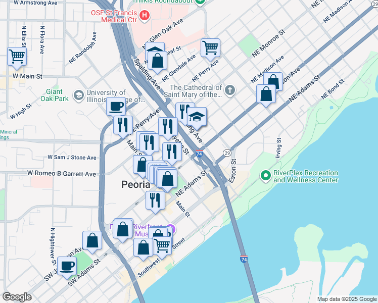 map of restaurants, bars, coffee shops, grocery stores, and more near 301 Northeast Jefferson Avenue in Peoria