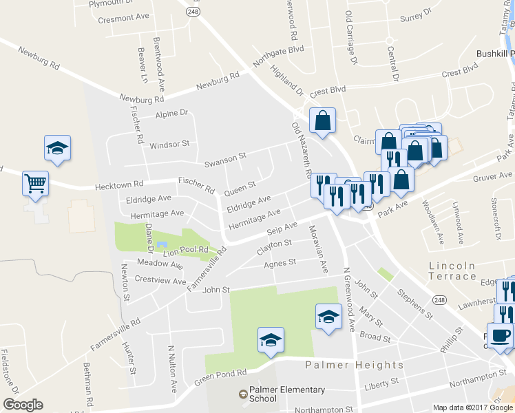 map of restaurants, bars, coffee shops, grocery stores, and more near 2650 Eldridge Ave in Easton