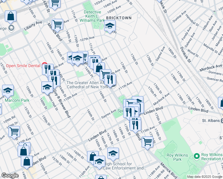 map of restaurants, bars, coffee shops, grocery stores, and more near 110-31 Merrick Boulevard in Queens