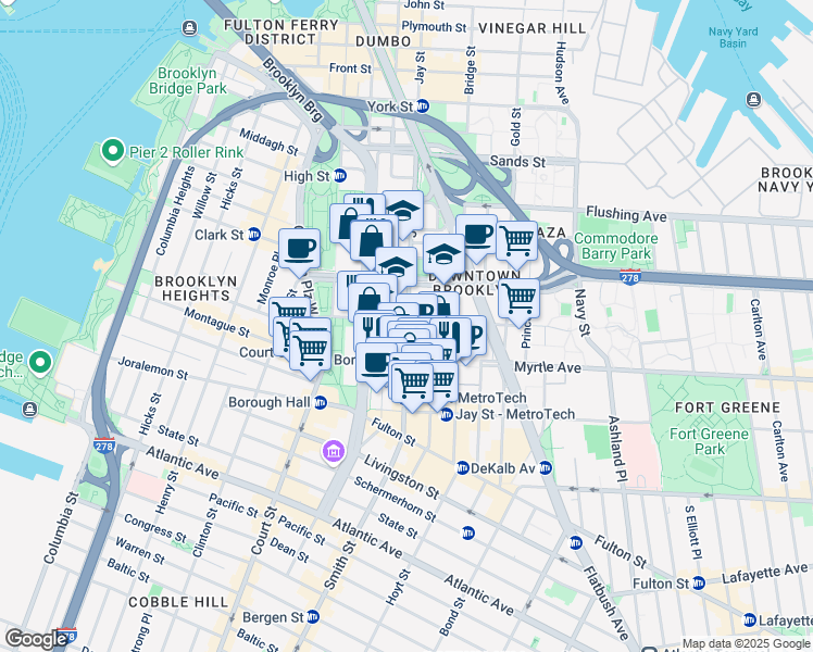 map of restaurants, bars, coffee shops, grocery stores, and more near 10 MetroTech Center in Brooklyn