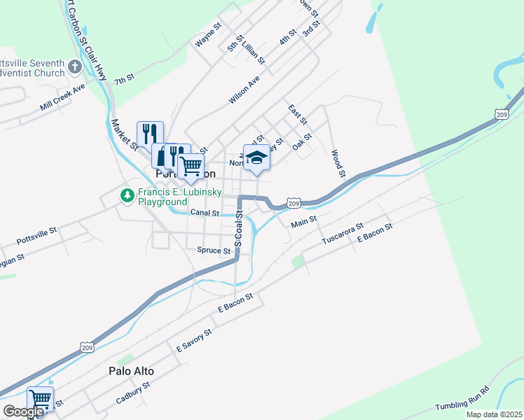 map of restaurants, bars, coffee shops, grocery stores, and more near 3 East Washington Street in Port Carbon