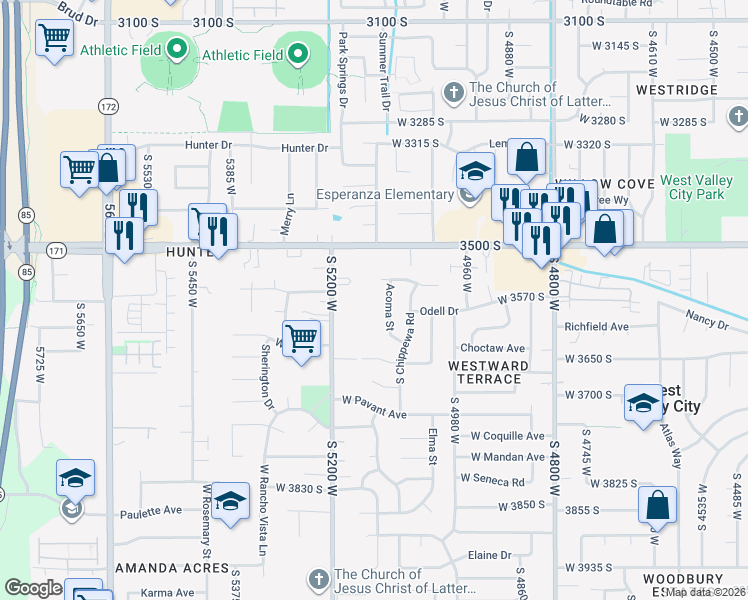 map of restaurants, bars, coffee shops, grocery stores, and more near 3575 South Carnegie Lane in West Valley City