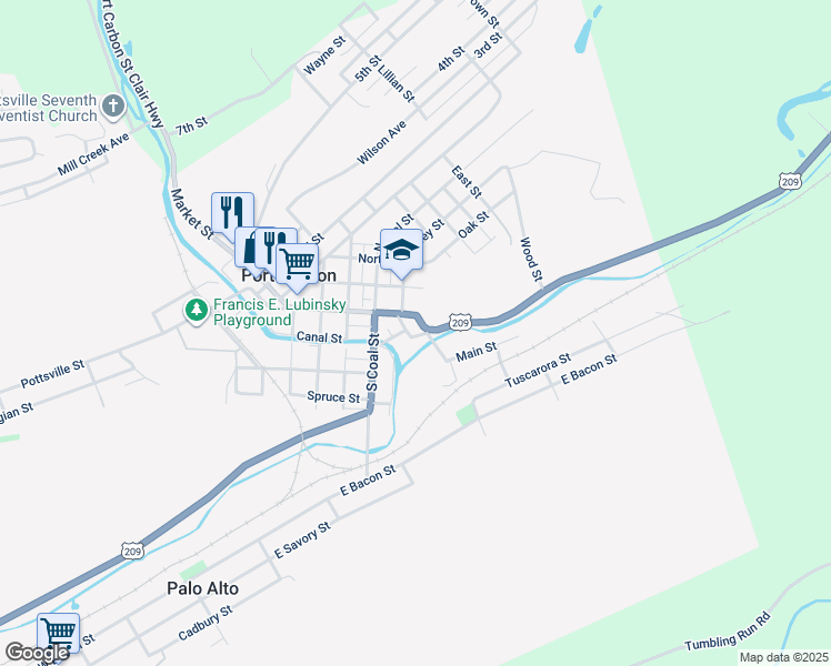 map of restaurants, bars, coffee shops, grocery stores, and more near 5 East Washington Street in Port Carbon