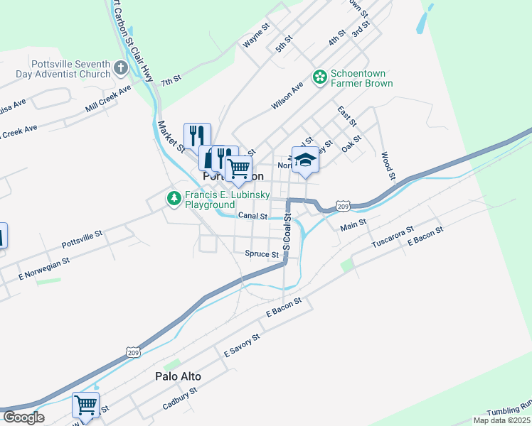 map of restaurants, bars, coffee shops, grocery stores, and more near 124 Canal Street in Port Carbon