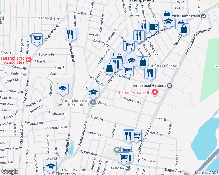 map of restaurants, bars, coffee shops, grocery stores, and more near 229 Walton Street in West Hempstead