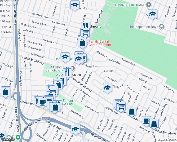 map of restaurants, bars, coffee shops, grocery stores, and more near 60 Crystal Street in Elmont