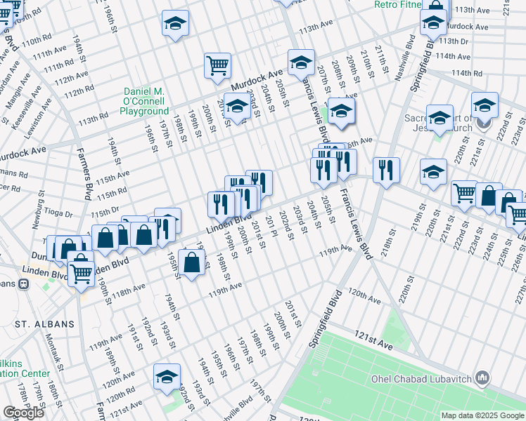 map of restaurants, bars, coffee shops, grocery stores, and more near 11646 202nd Street in Queens