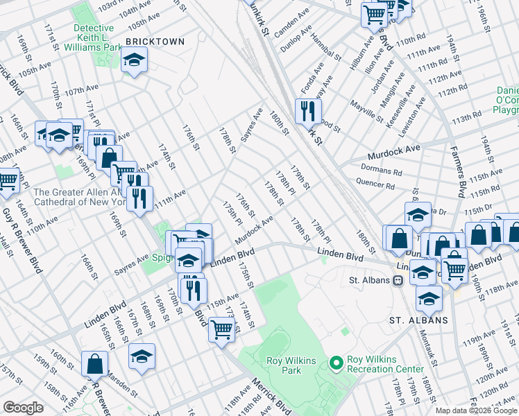 map of restaurants, bars, coffee shops, grocery stores, and more near 112-24 177th Street in Queens
