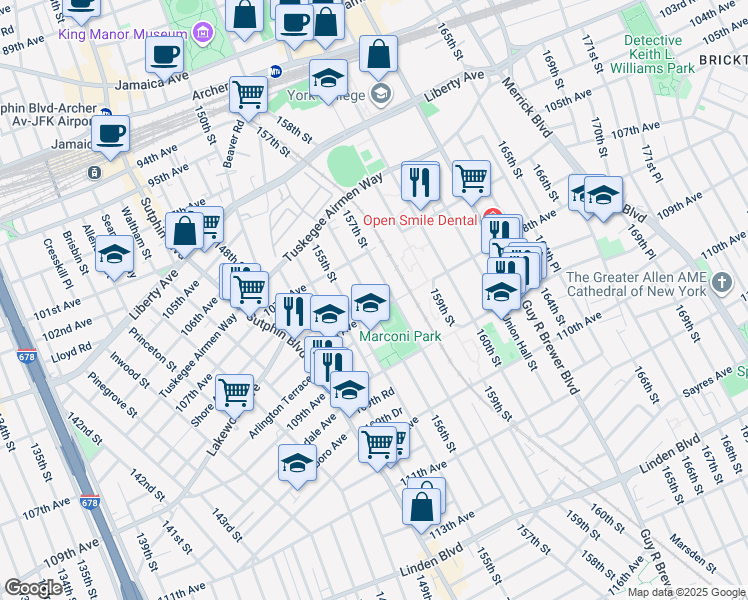 map of restaurants, bars, coffee shops, grocery stores, and more near 10734 156th Street in Queens
