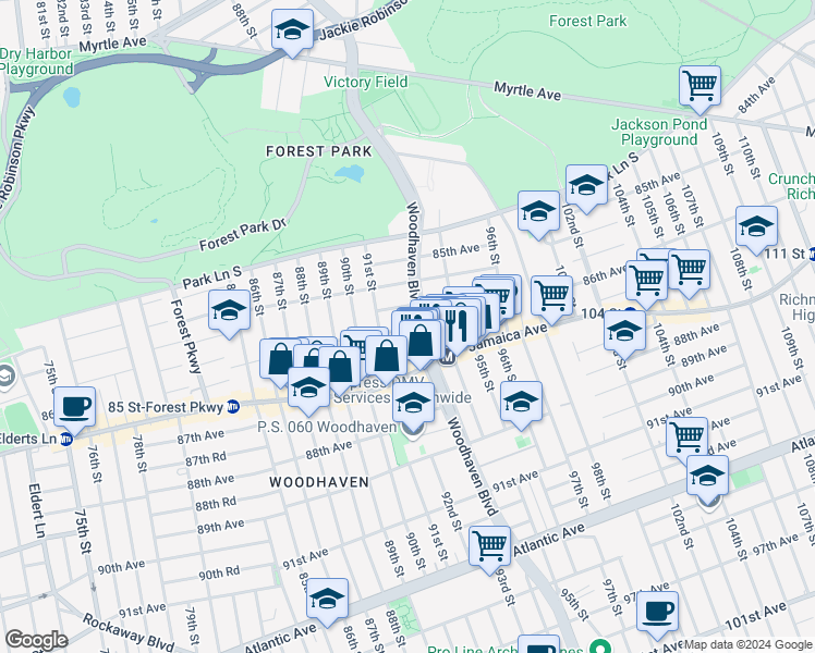 map of restaurants, bars, coffee shops, grocery stores, and more near 93-17 86th Road in Queens