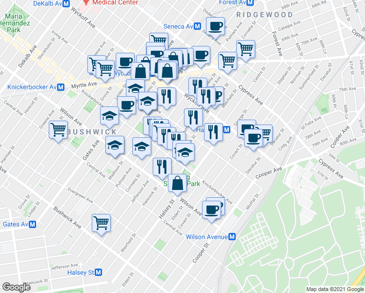 map of restaurants, bars, coffee shops, grocery stores, and more near 1398 Jefferson Avenue in Brooklyn