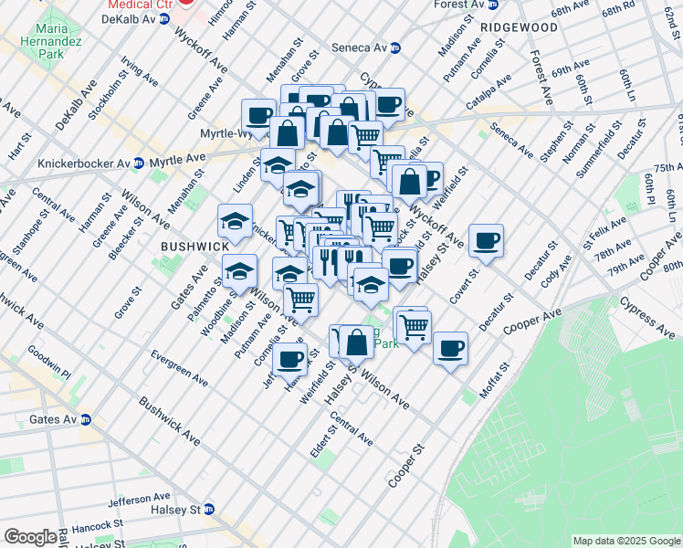 map of restaurants, bars, coffee shops, grocery stores, and more near 1398 Jefferson Avenue in Brooklyn