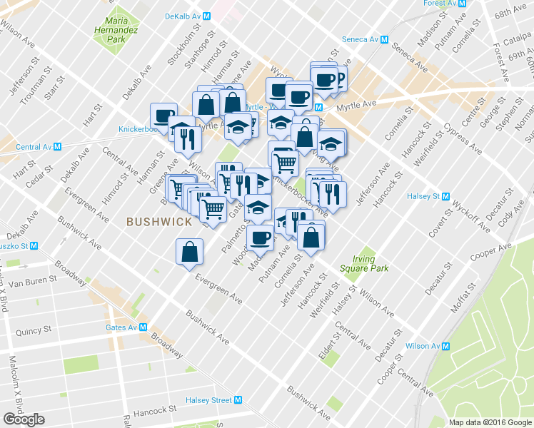 map of restaurants, bars, coffee shops, grocery stores, and more near 222 Palmetto Street in Brooklyn