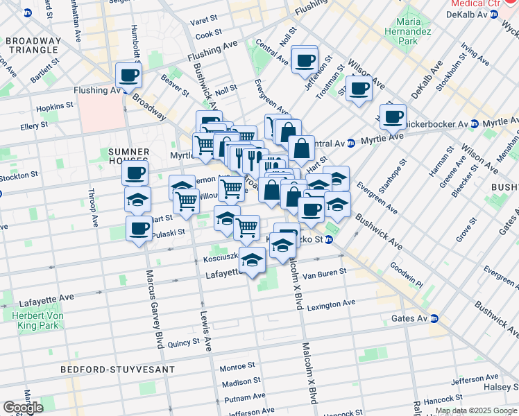 map of restaurants, bars, coffee shops, grocery stores, and more near 415 Hart Street in Brooklyn