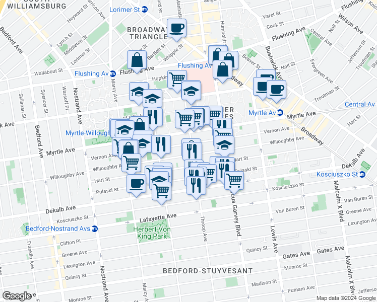 map of restaurants, bars, coffee shops, grocery stores, and more near 198 Vernon Avenue in Brooklyn