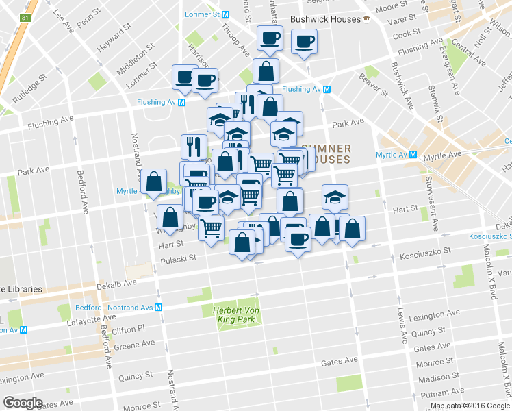 map of restaurants, bars, coffee shops, grocery stores, and more near 160 Vernon Avenue in Brooklyn
