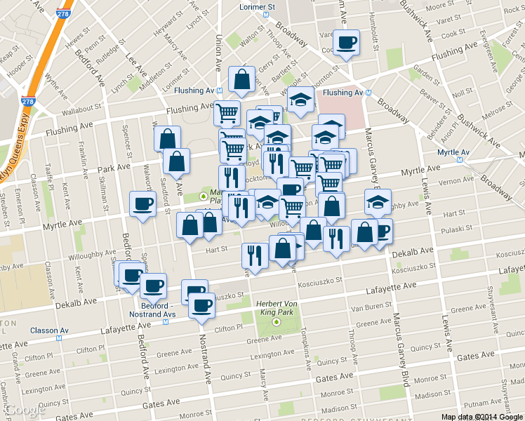 map of restaurants, bars, coffee shops, grocery stores, and more near 130 Vernon Avenue in Brooklyn
