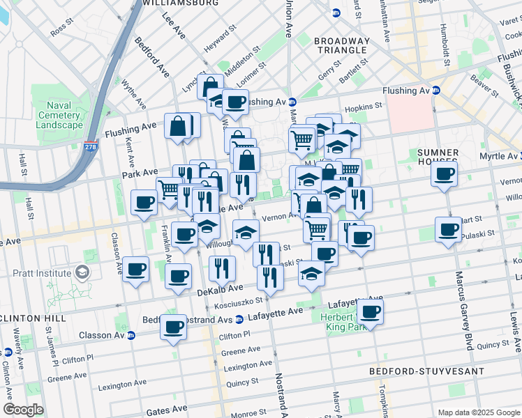 map of restaurants, bars, coffee shops, grocery stores, and more near 774 Myrtle Avenue in Brooklyn