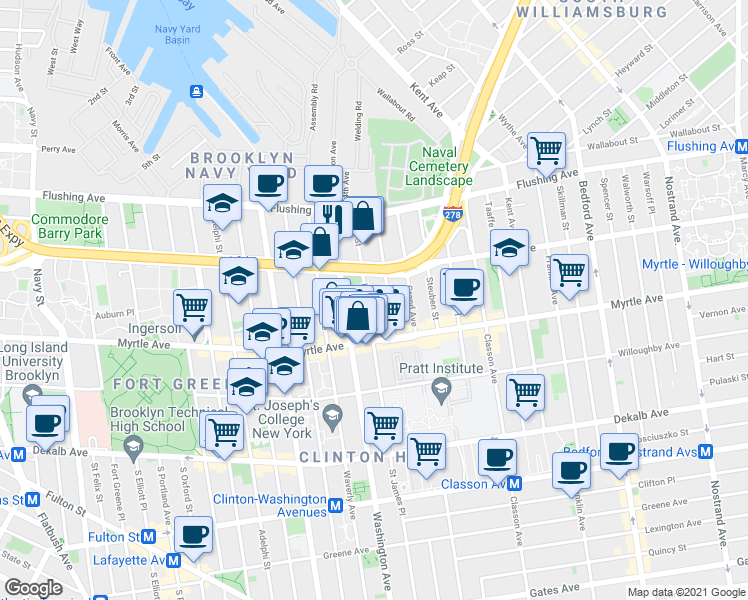map of restaurants, bars, coffee shops, grocery stores, and more near 90 Hall Street in Brooklyn