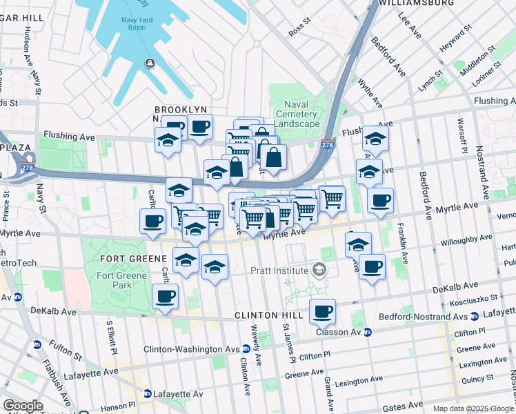 map of restaurants, bars, coffee shops, grocery stores, and more near 90 Hall Street in Brooklyn