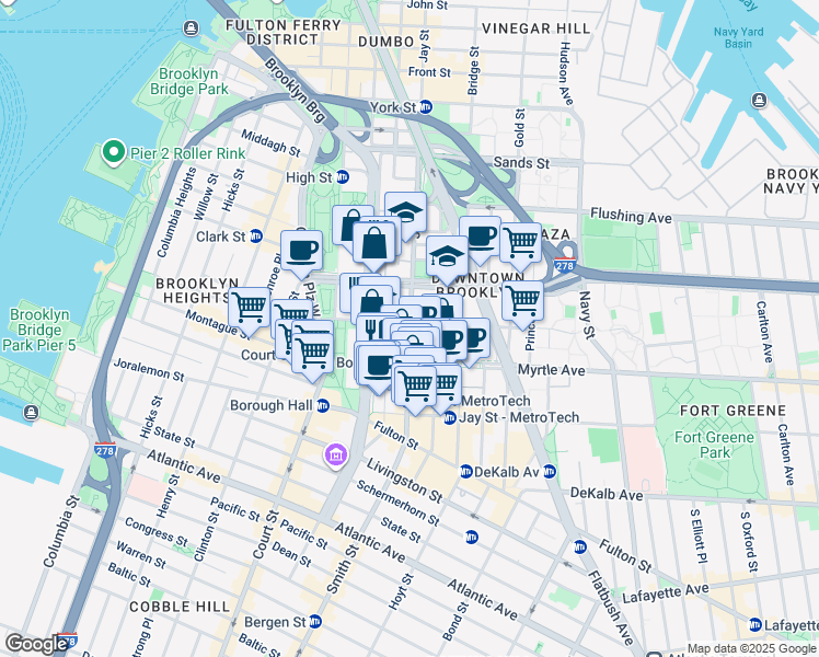map of restaurants, bars, coffee shops, grocery stores, and more near 300 Jay Street in Brooklyn