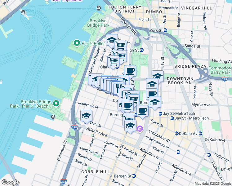 map of restaurants, bars, coffee shops, grocery stores, and more near 130 Montague Street in Brooklyn