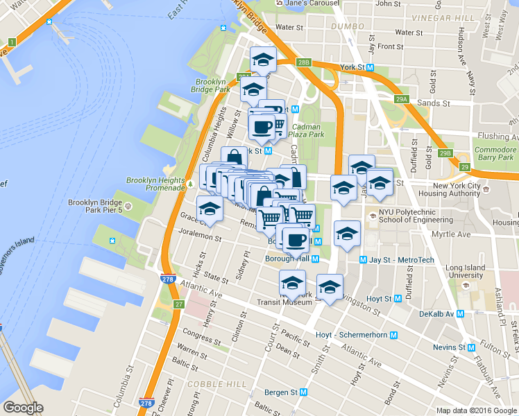 map of restaurants, bars, coffee shops, grocery stores, and more near 130 Montague Street in Brooklyn