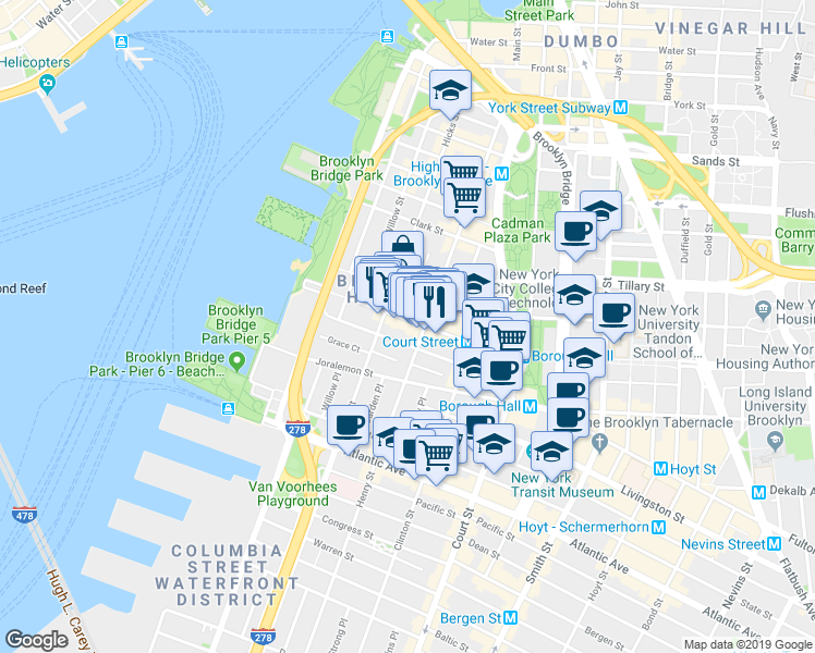 map of restaurants, bars, coffee shops, grocery stores, and more near 117 Montague Street in Brooklyn