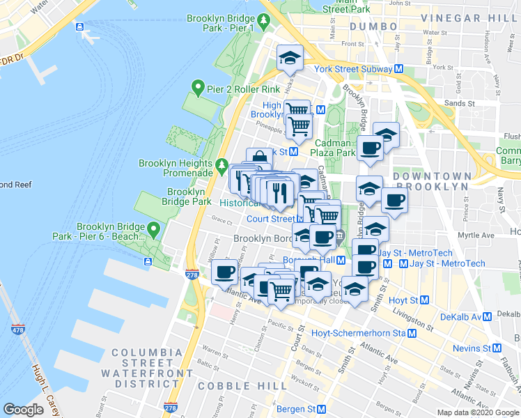 map of restaurants, bars, coffee shops, grocery stores, and more near 117 Montague Street in Brooklyn