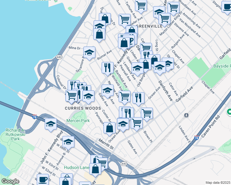 map of restaurants, bars, coffee shops, grocery stores, and more near 190 Neptune Avenue in Jersey City
